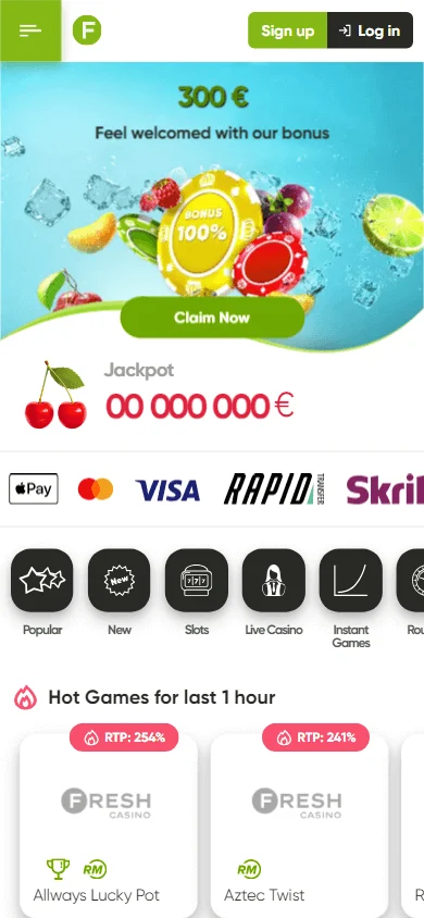 Fresh Casino home experience on mobile